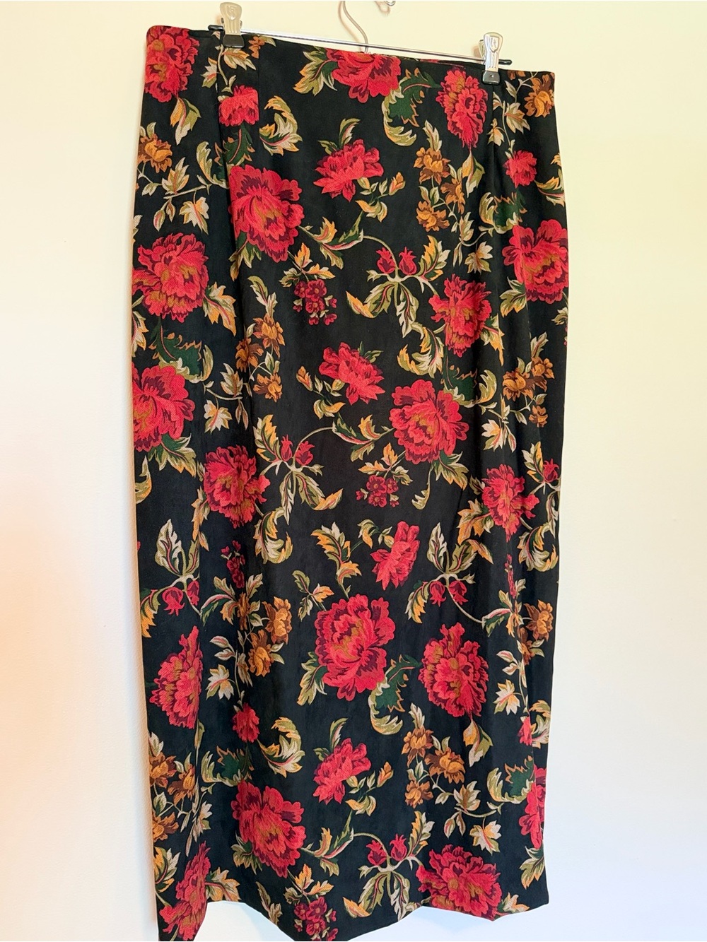 Vintage Briggs New York Black Maxi Skirt with Red & Gold Floral Pattern